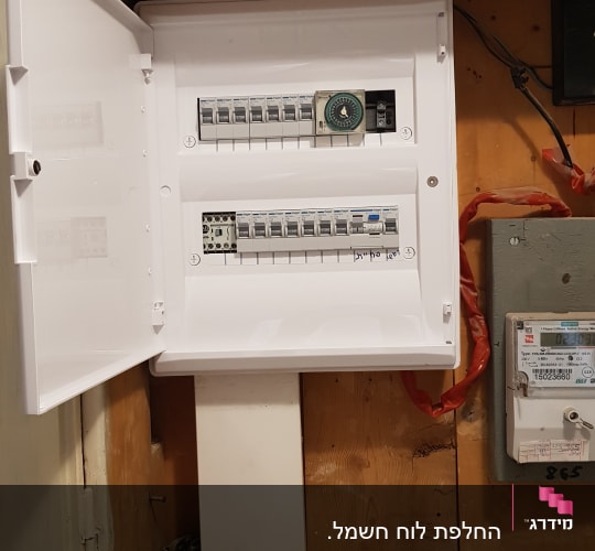 לוח חשמל פתוח עם מפסקים ומונה חשמל